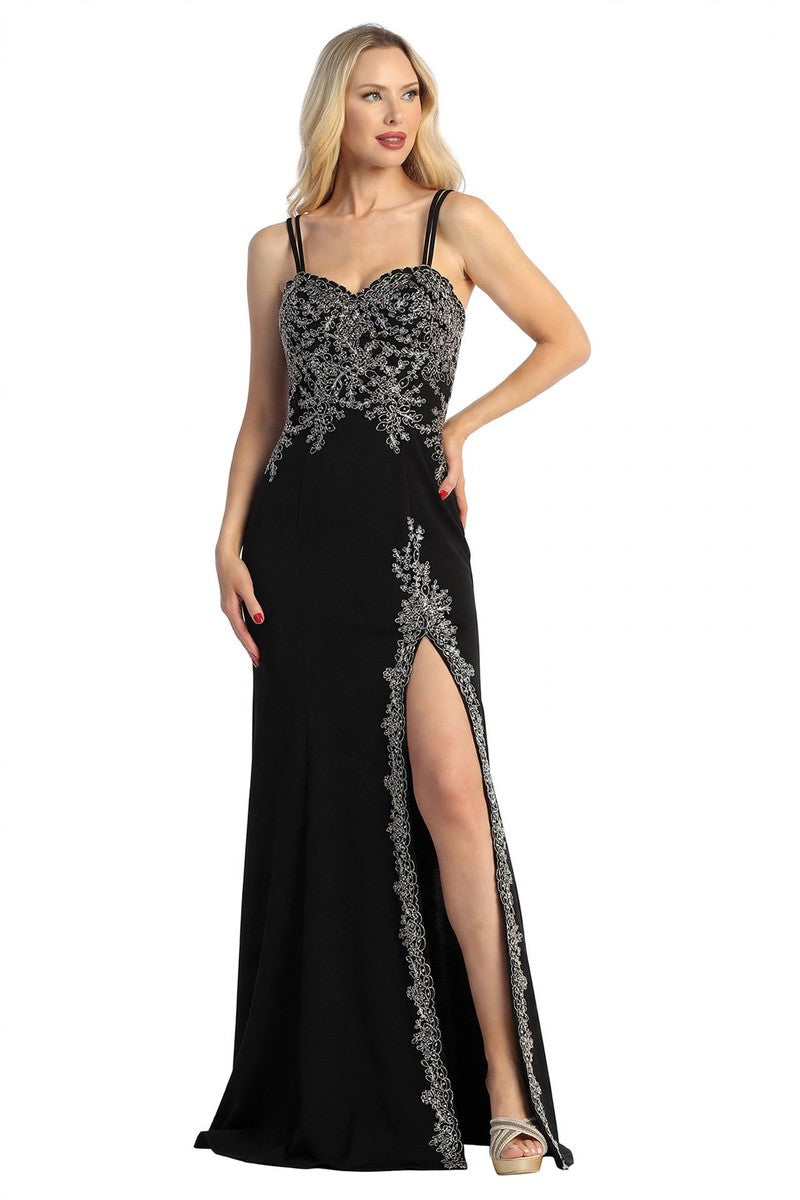 Black sweetheart beaded bodice mermaid prom gown, front view