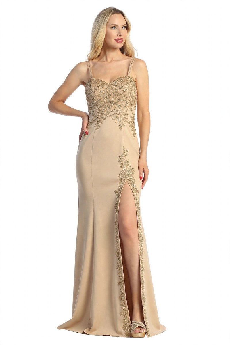 Champagne sweetheart beaded bodice mermaid prom gown, front view