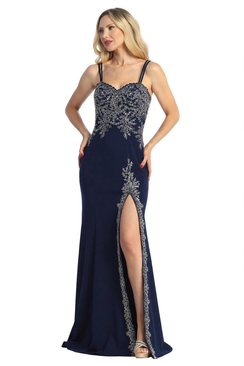 Navy sweetheart beaded bodice mermaid prom gown, front view