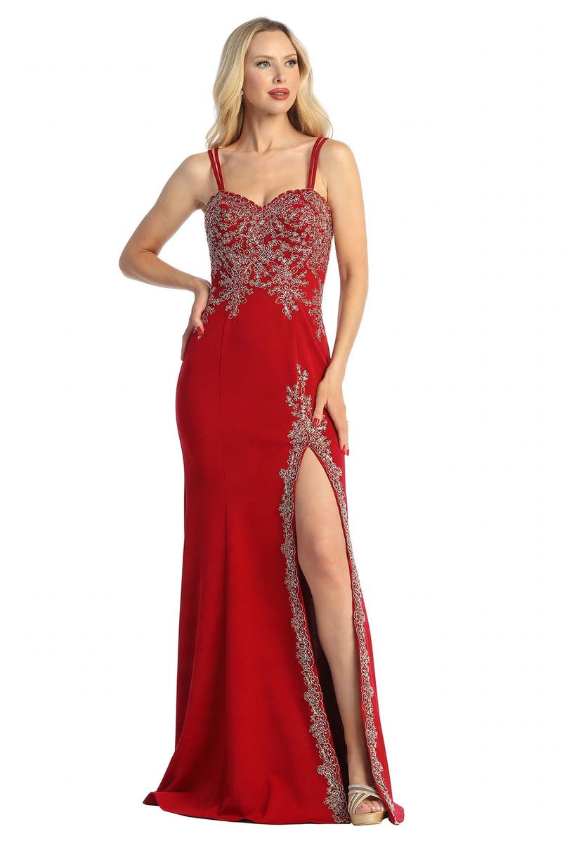 Red sweetheart beaded bodice mermaid prom gown, front view