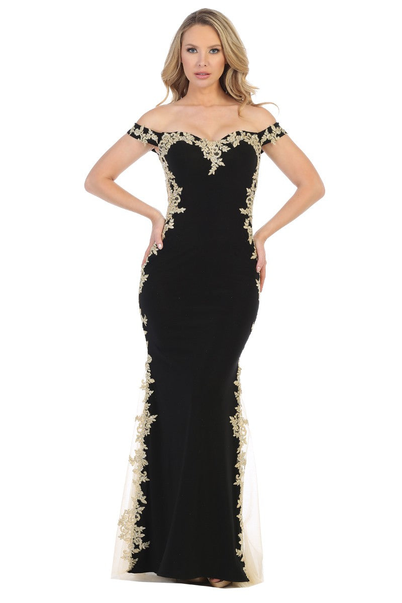 Black off shoulder lace applique mermaid prom gown, front view