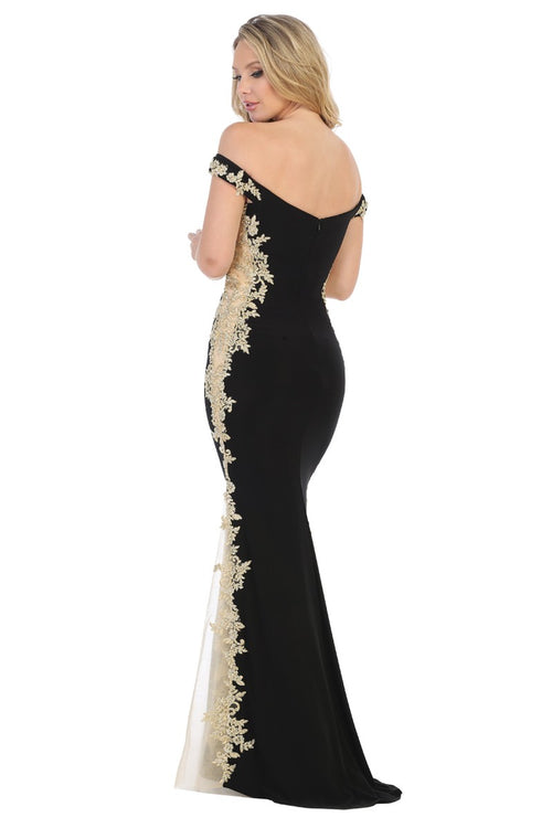 Black off shoulder lace applique mermaid prom gown, back view