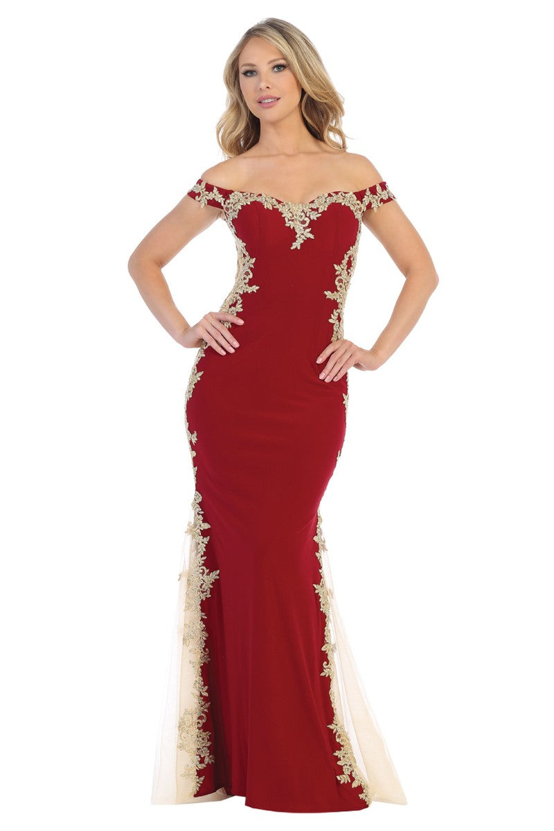 Burgundy off shoulder lace applique mermaid prom gown, front view
