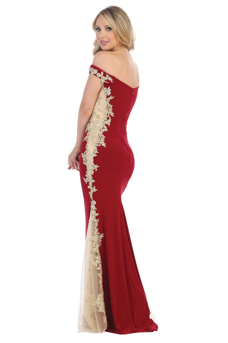 Burgundy off shoulder lace applique mermaid prom gown, back view