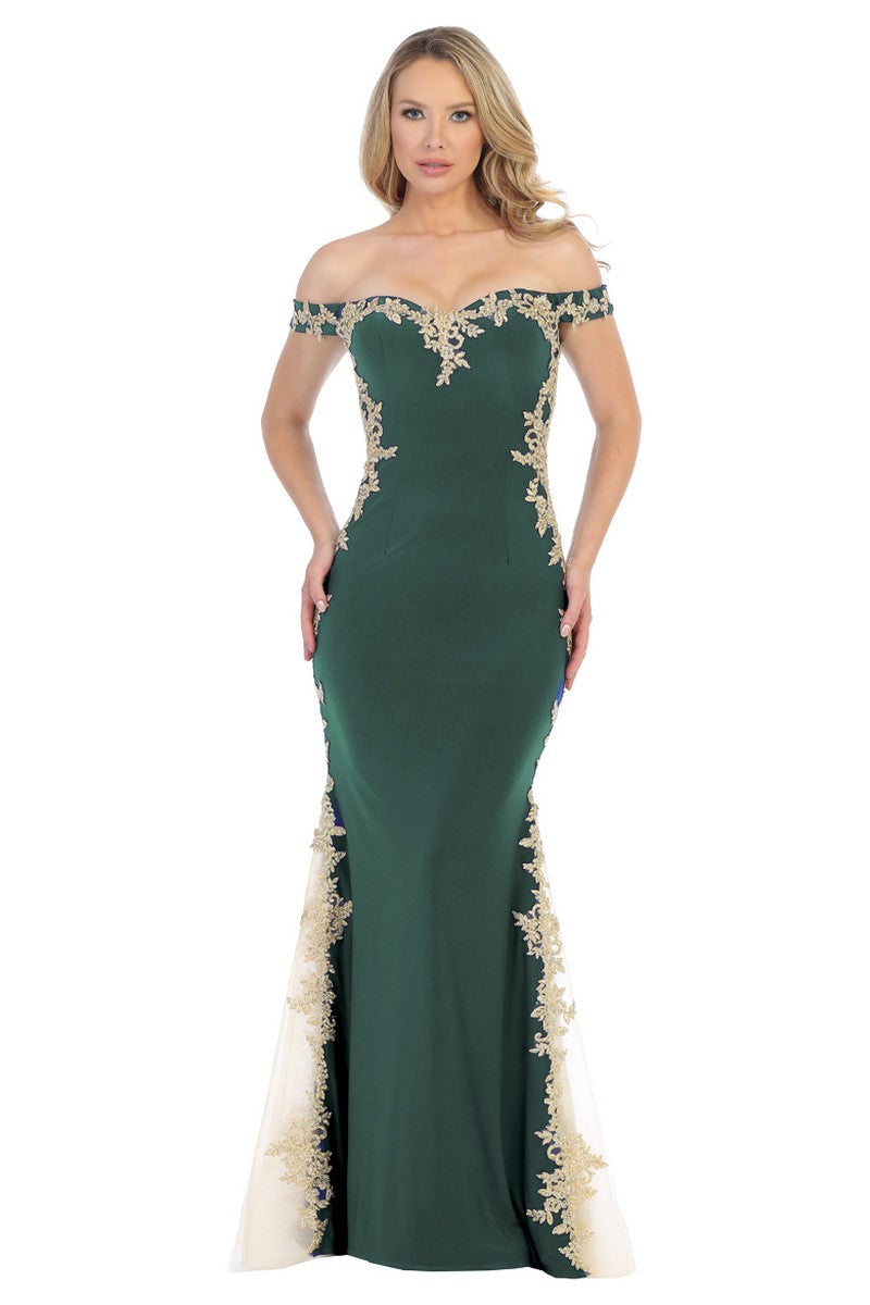 Green off shoulder lace applique mermaid prom gown, front view