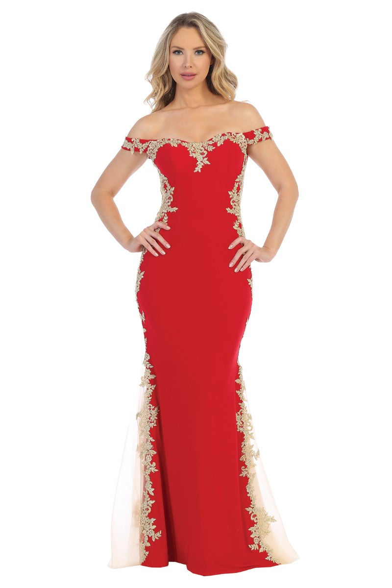 Red off shoulder lace applique mermaid prom gown, back view