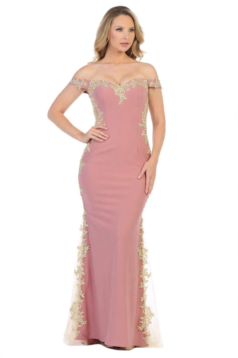 Rose off shoulder lace applique mermaid prom gown, front view