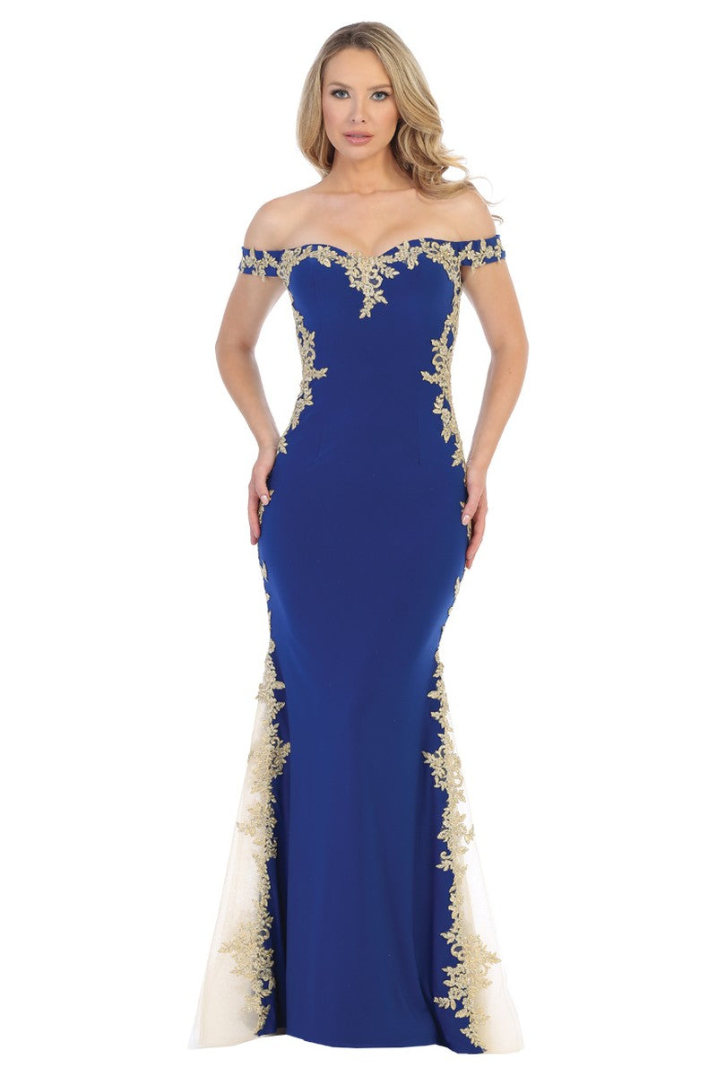 Royal Blue off shoulder lace applique mermaid prom gown, back view