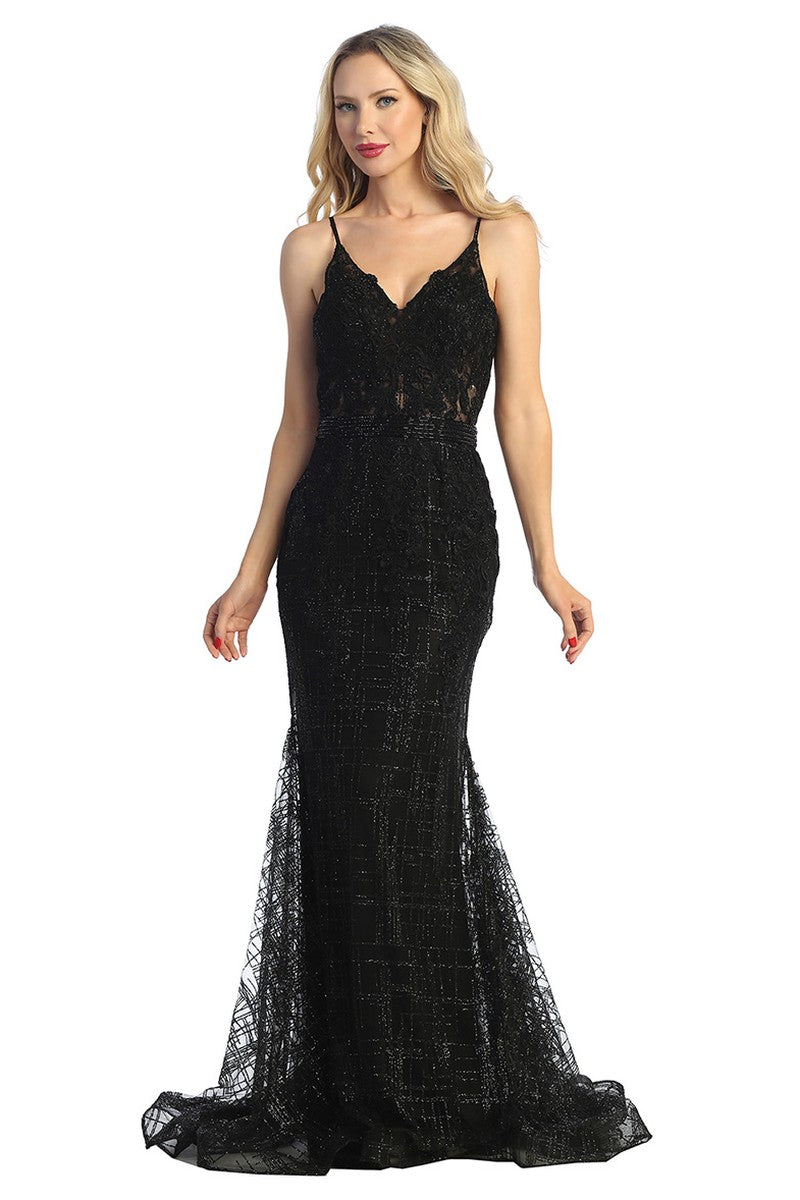 Black v neck mermaid prom gown, front view