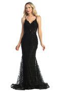 Black v neck mermaid prom gown, front view