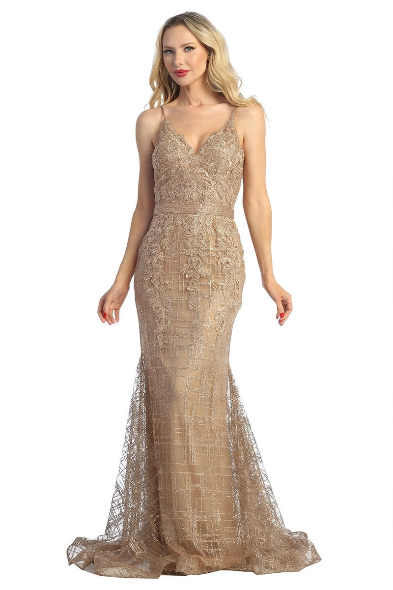 Champagne v neck mermaid prom gown, front view