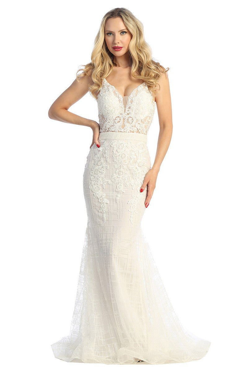 Off White v neck mermaid prom gown, front view