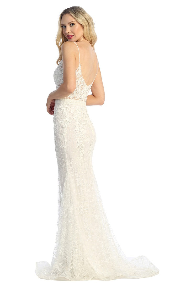 Off White v neck mermaid prom gown, back view