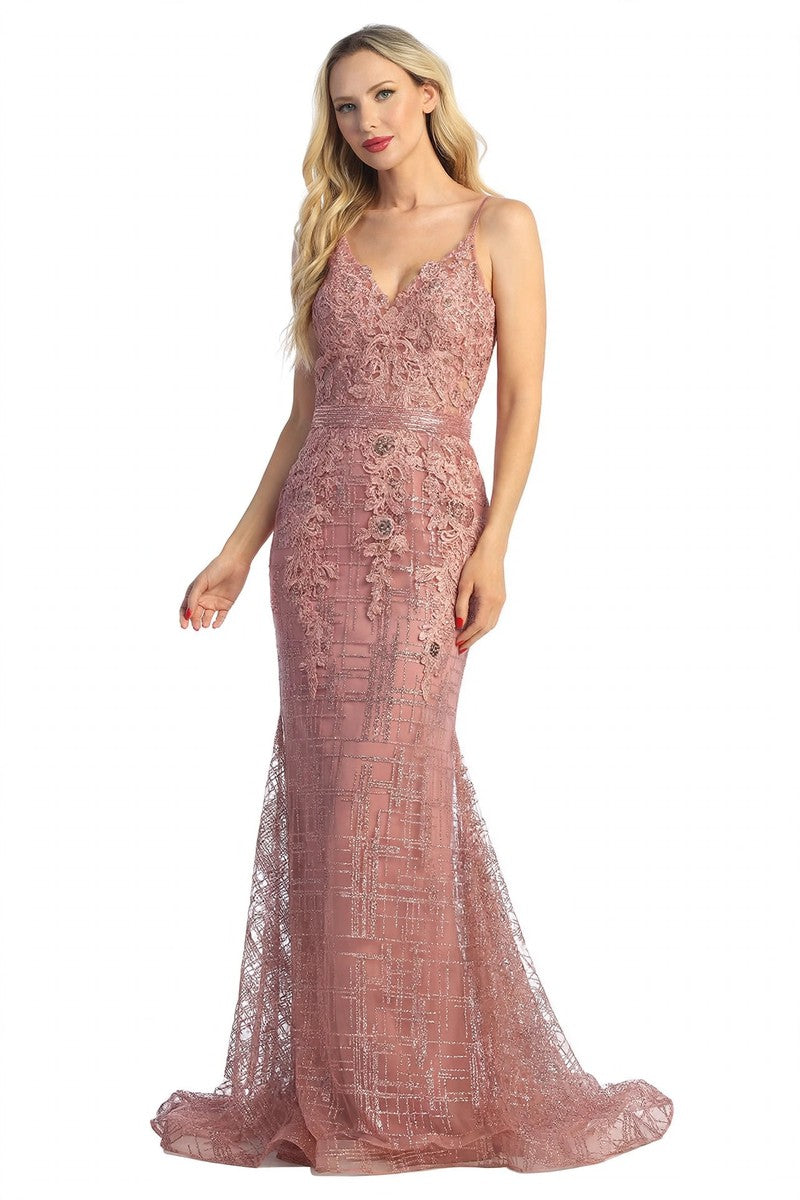 Rose v neck mermaid prom gown, front view