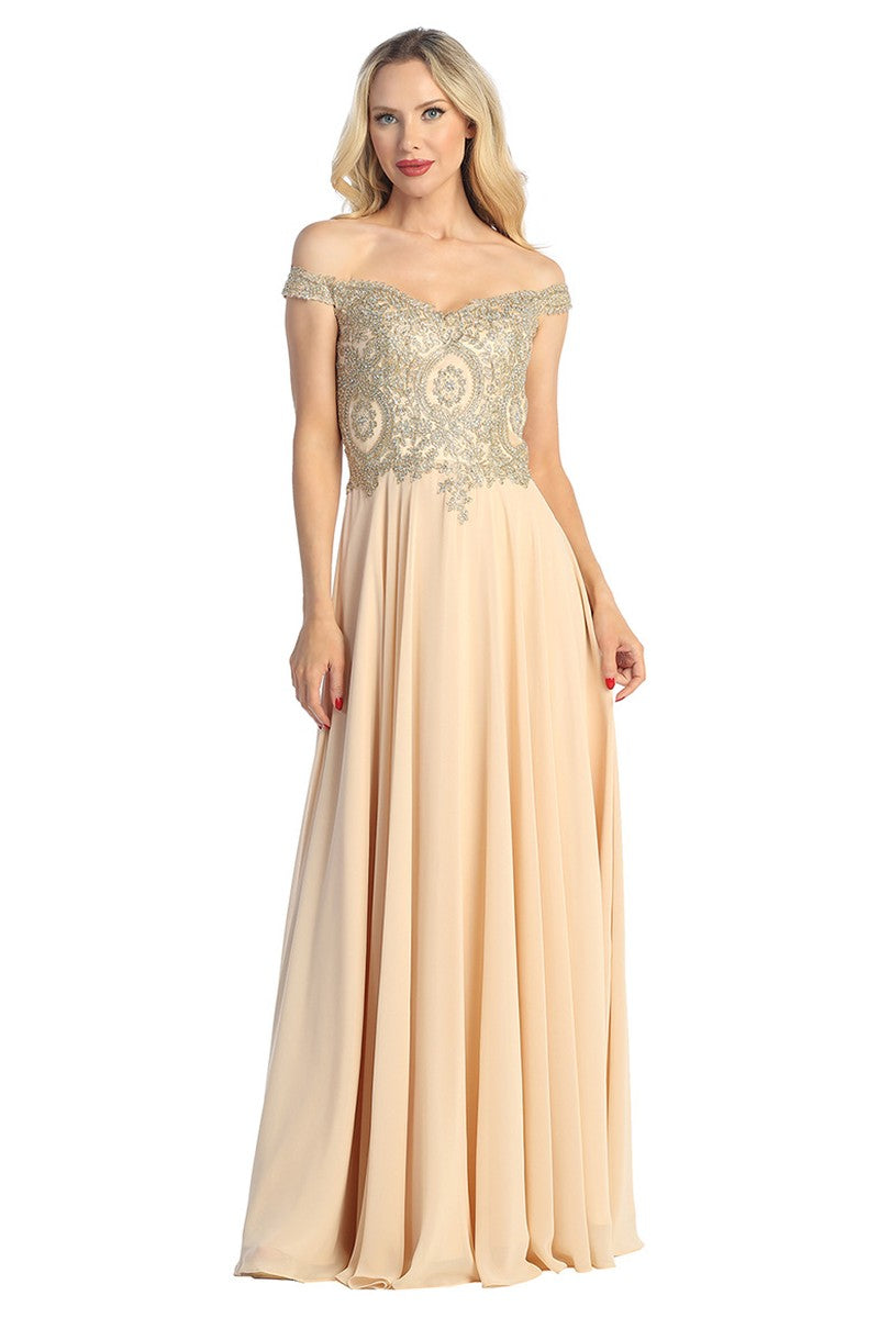 Champagne off shoulder beaded bodice a-line prom gown, front view