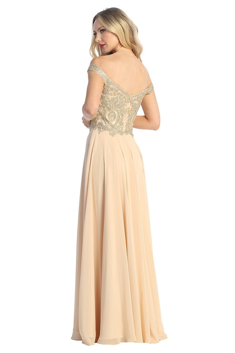 Champagne off shoulder beaded bodice a-line prom gown, back view