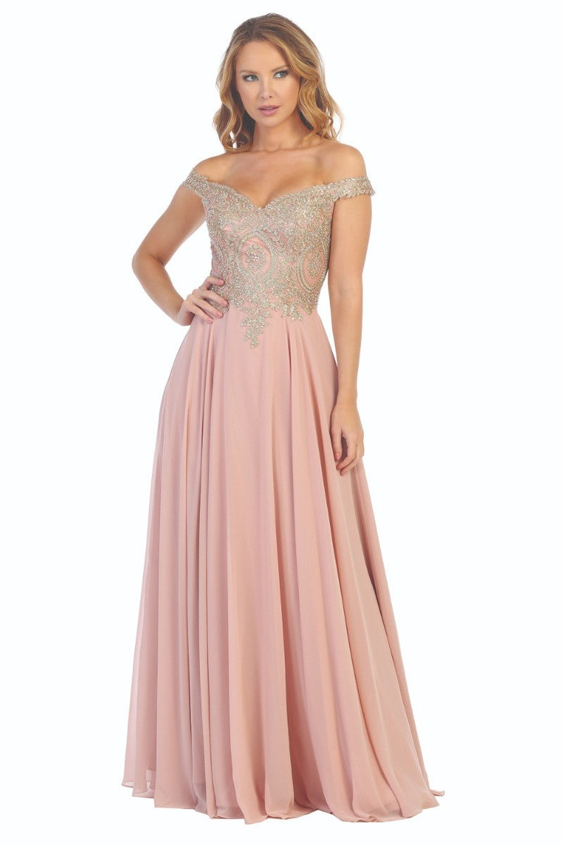 Dusty Rose off shoulder beaded bodice a-line prom gown, front view
