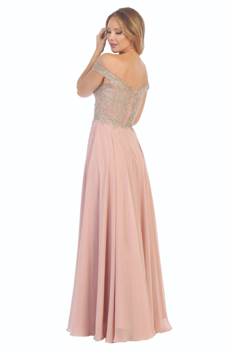 Dusty Rose off shoulder beaded bodice a-line prom gown, back view