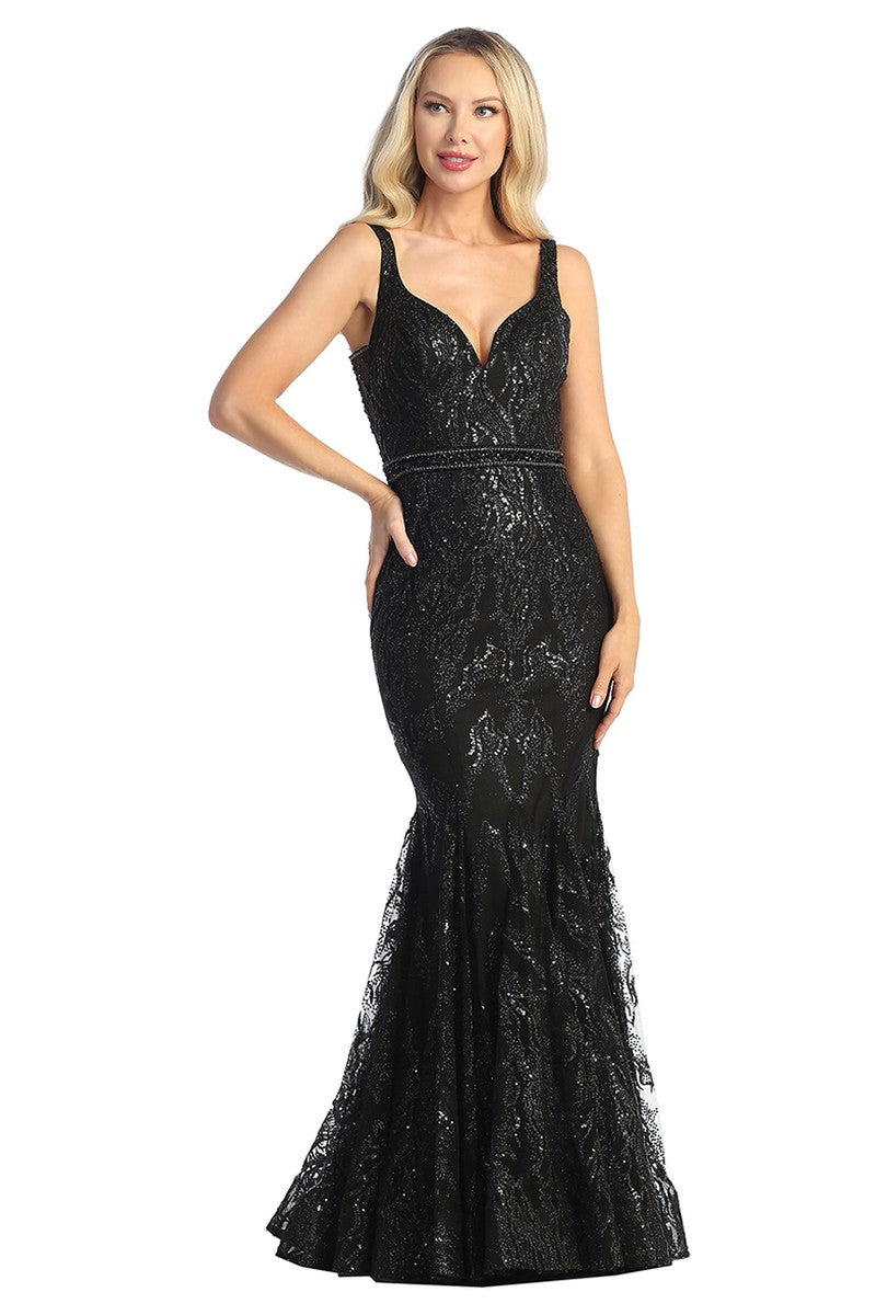 Black sleeveless sequin mermaid prom gown, front view