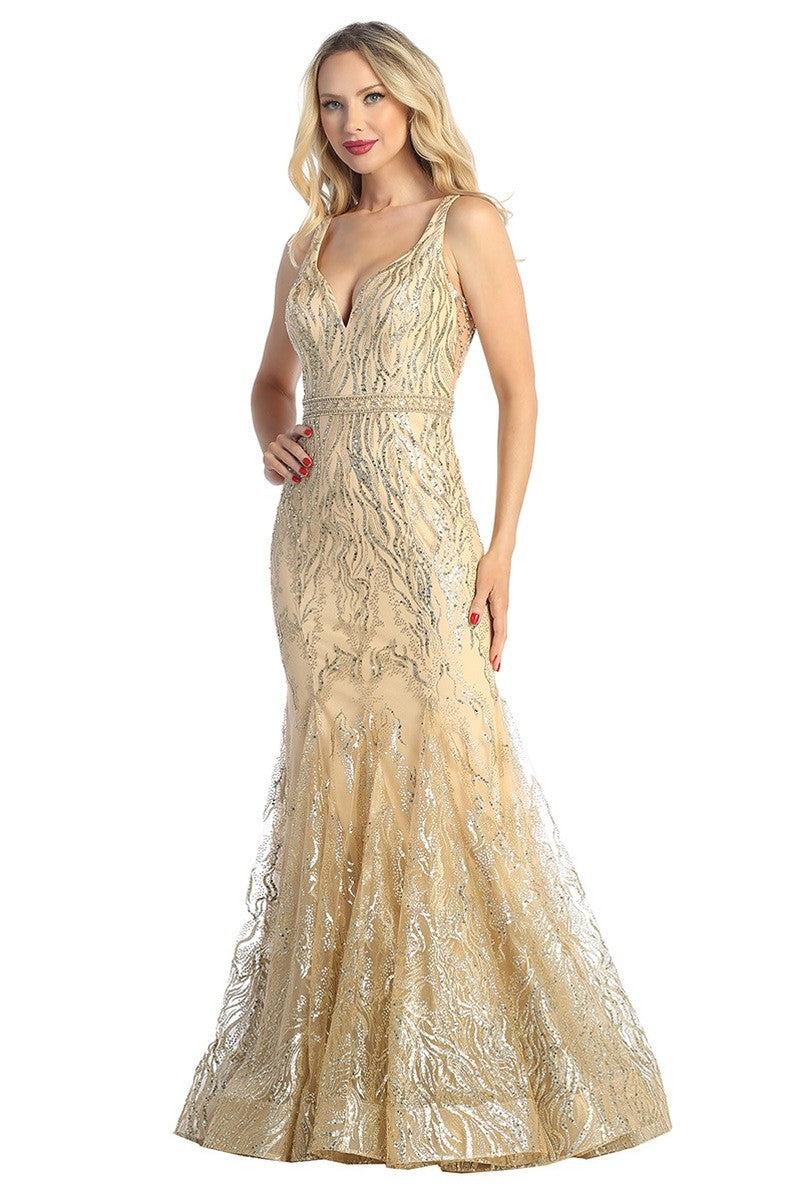 Champagne sleeveless sequin mermaid prom gown, front view