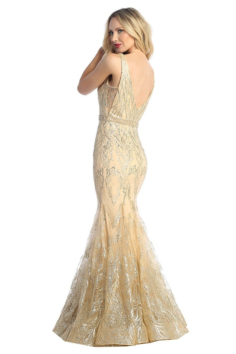 Champagne sleeveless sequin mermaid prom gown, back view