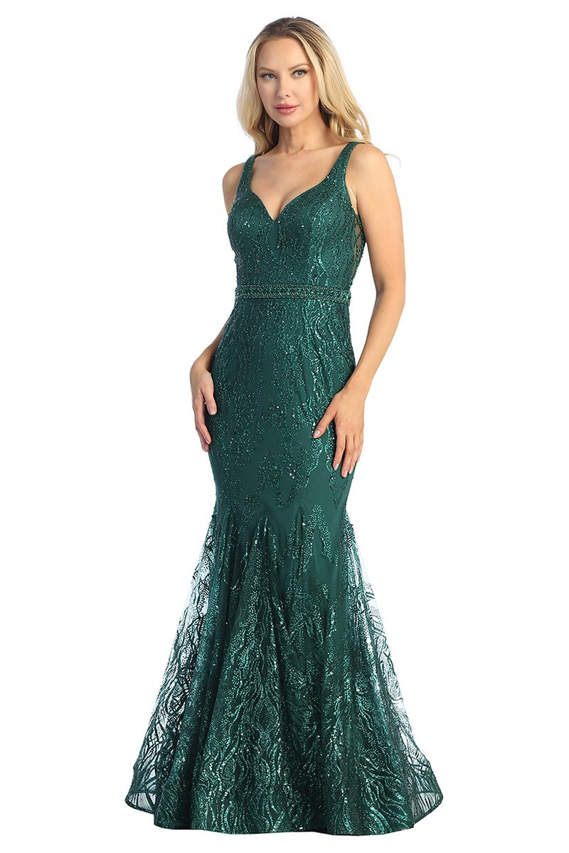 Emerald sleeveless sequin mermaid prom gown, front view