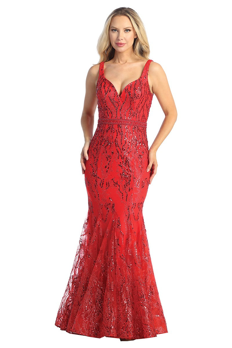 Red sleeveless sequin mermaid prom gown, front view