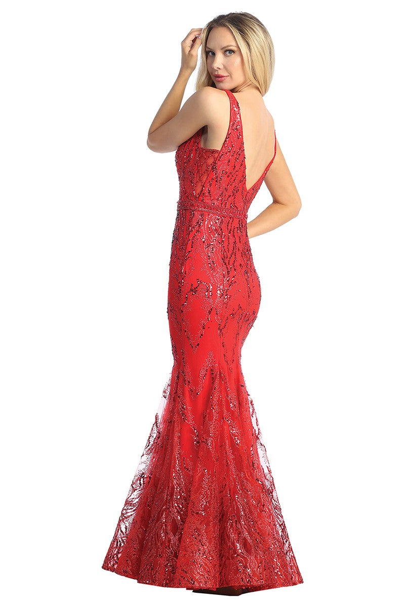 Red sleeveless sequin mermaid prom gown, back view