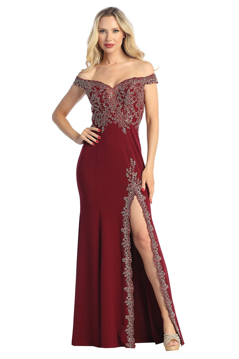 Burgundy off shoulder beaded bodice mermaid prom gown, front view