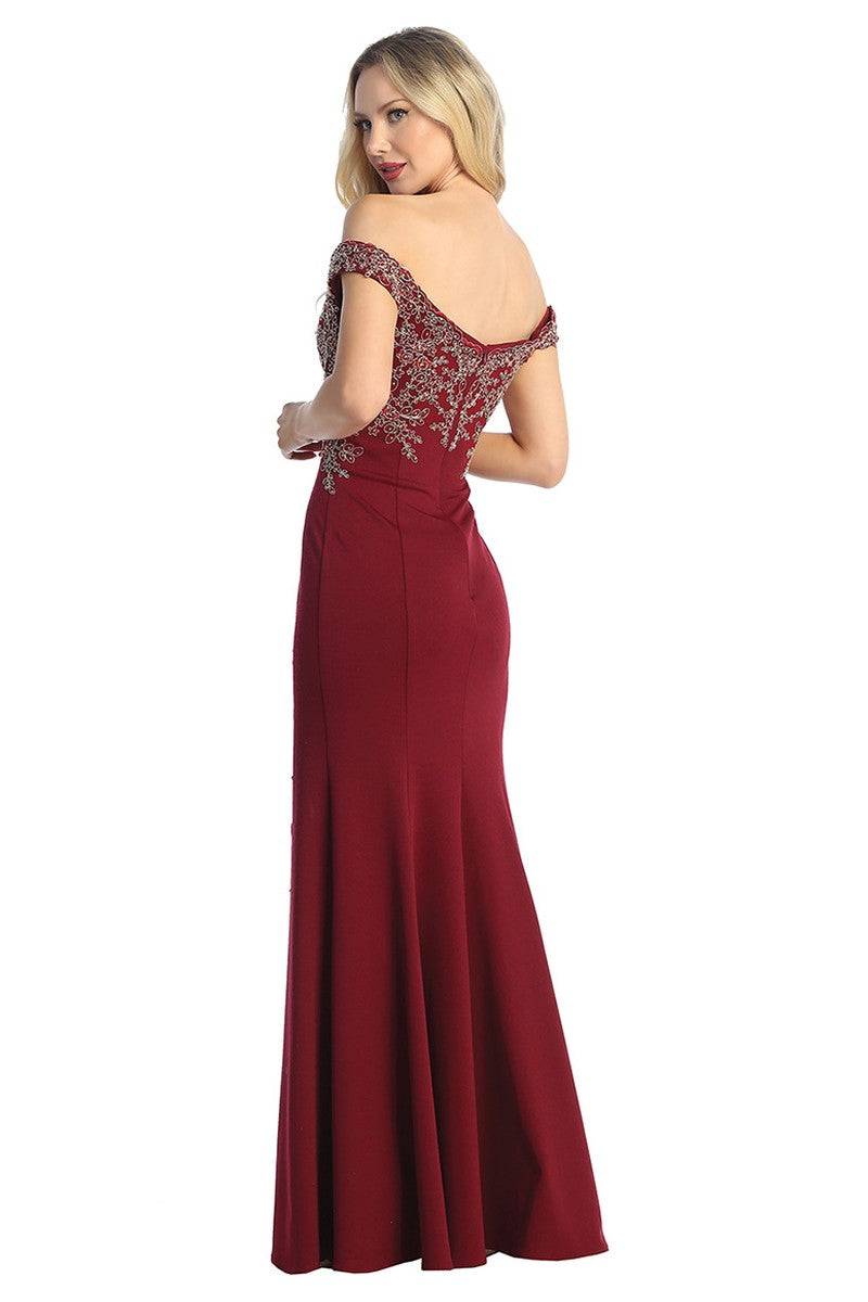 Burgundy off shoulder beaded bodice mermaid prom gown, back view