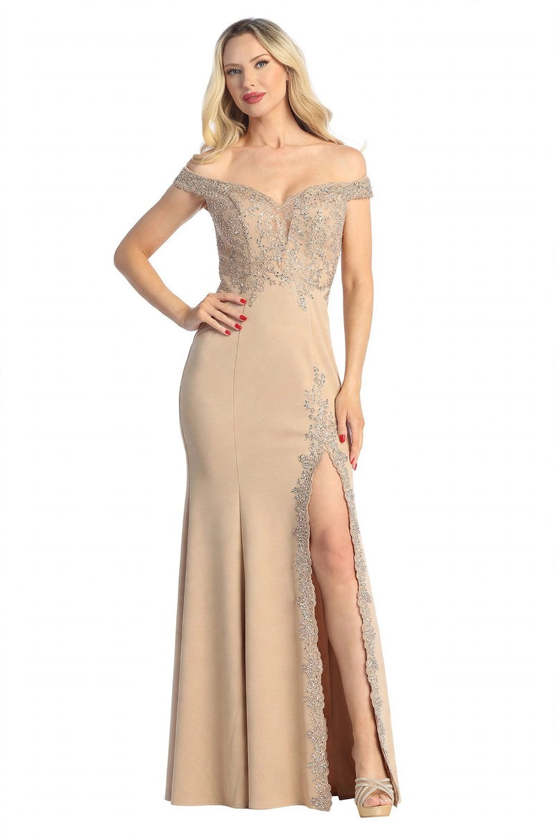 Champagne off shoulder beaded bodice mermaid prom gown, front view