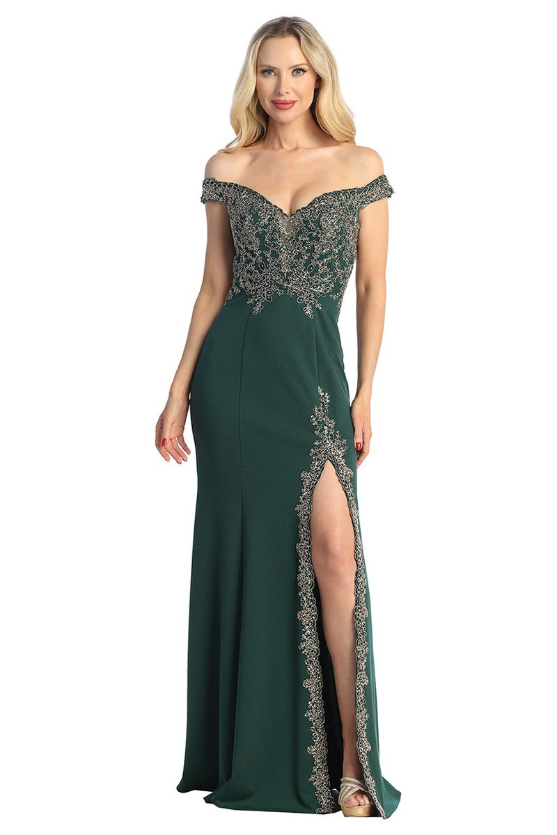 Green off shoulder beaded bodice mermaid prom gown, front view