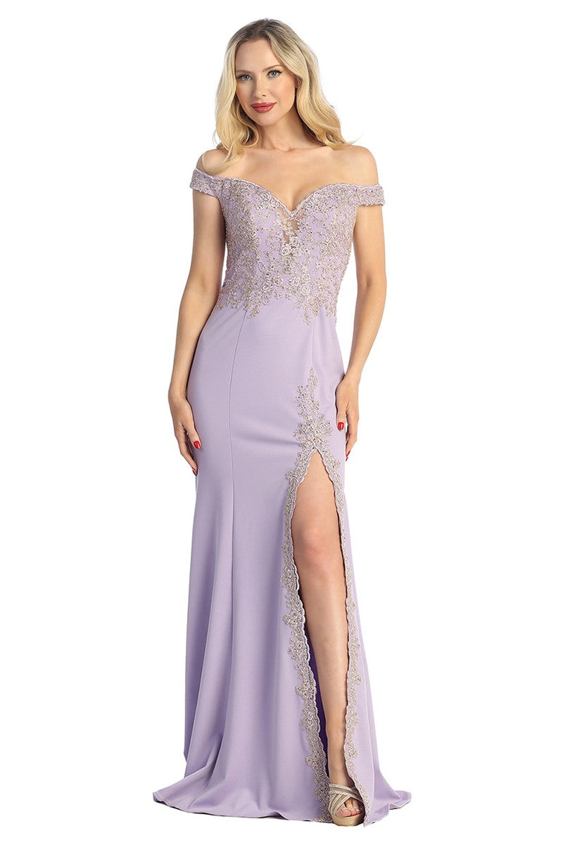 Lavender off shoulder beaded bodice mermaid prom gown, front view