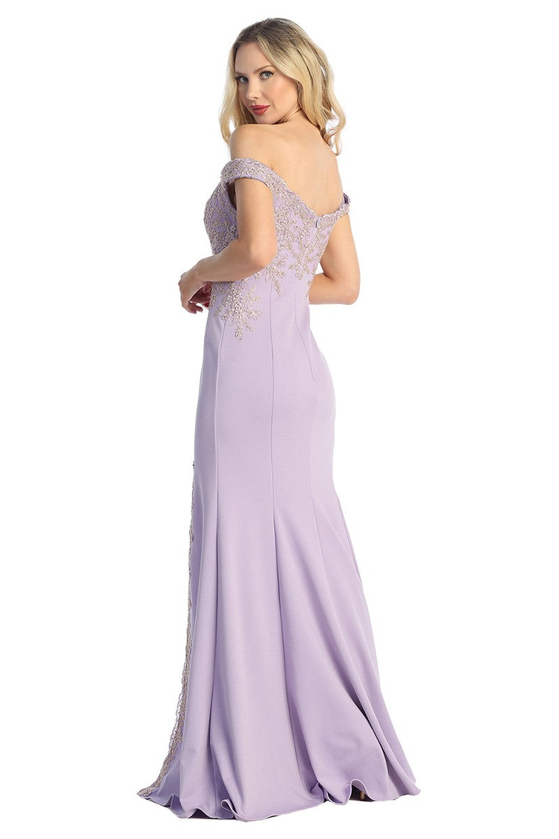 Lavender off shoulder beaded bodice mermaid prom gown, back view