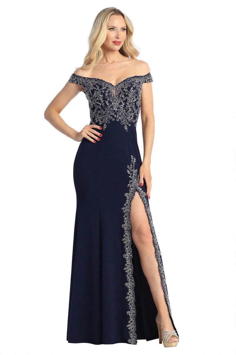 Navy off shoulder beaded bodice mermaid prom gown, front view