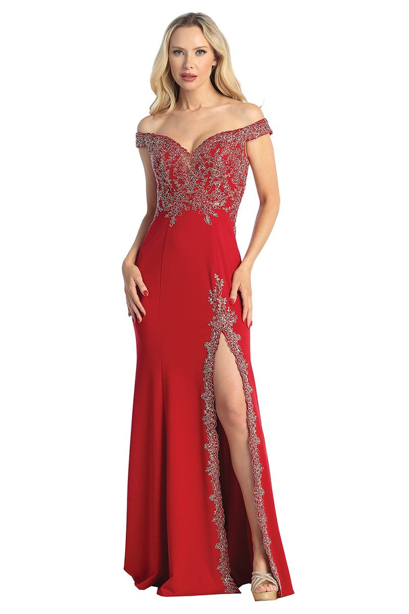 Red off shoulder beaded bodice mermaid prom gown, front view