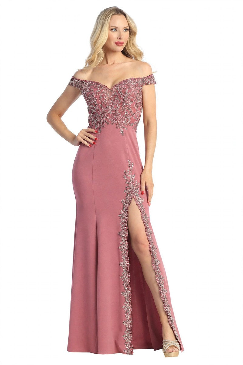 Rose off shoulder beaded bodice mermaid prom gown, front view