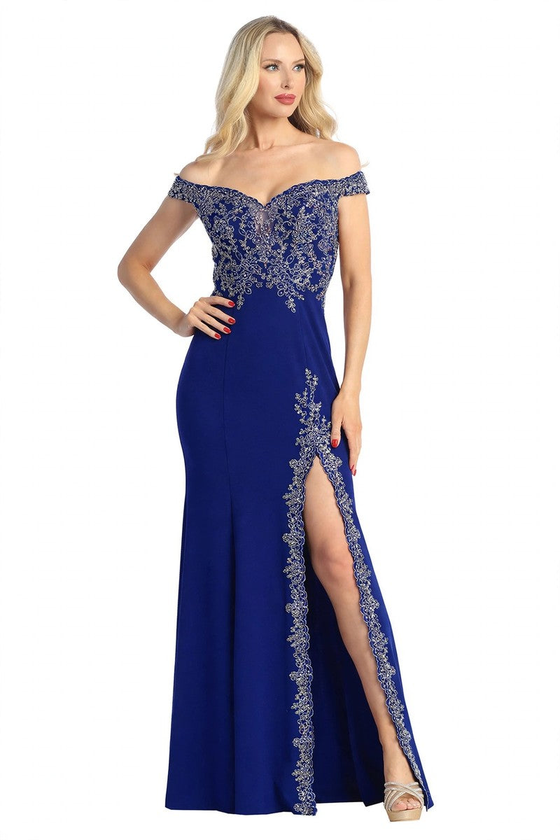 Royal Blue off shoulder beaded bodice mermaid prom gown, front view