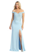 Baby Blue off shoulder fitted prom gown, front view