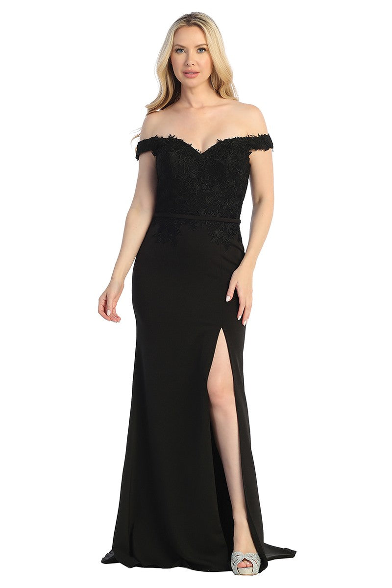 Black off shoulder fitted prom gown, front view