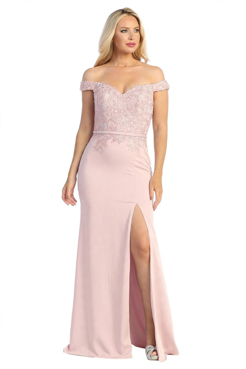 Blush off shoulder fitted prom gown, front view