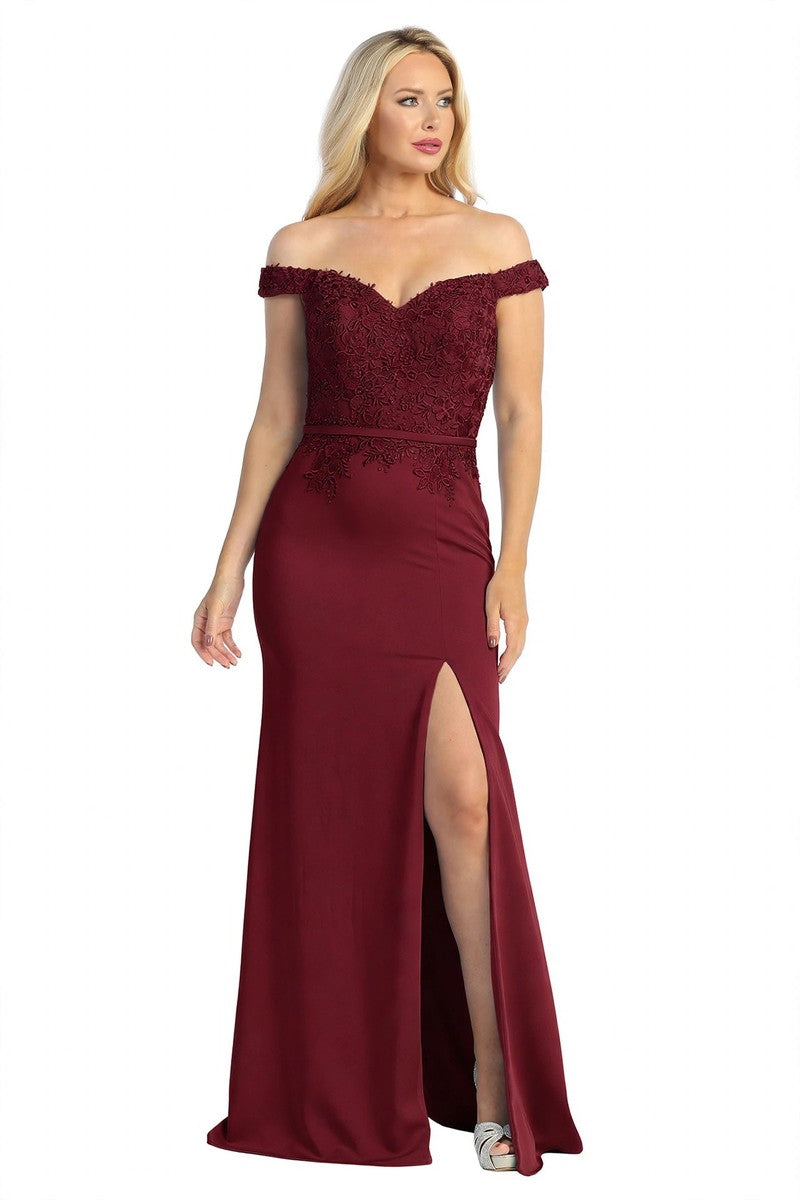 Burgundy off shoulder fitted prom gown, front view