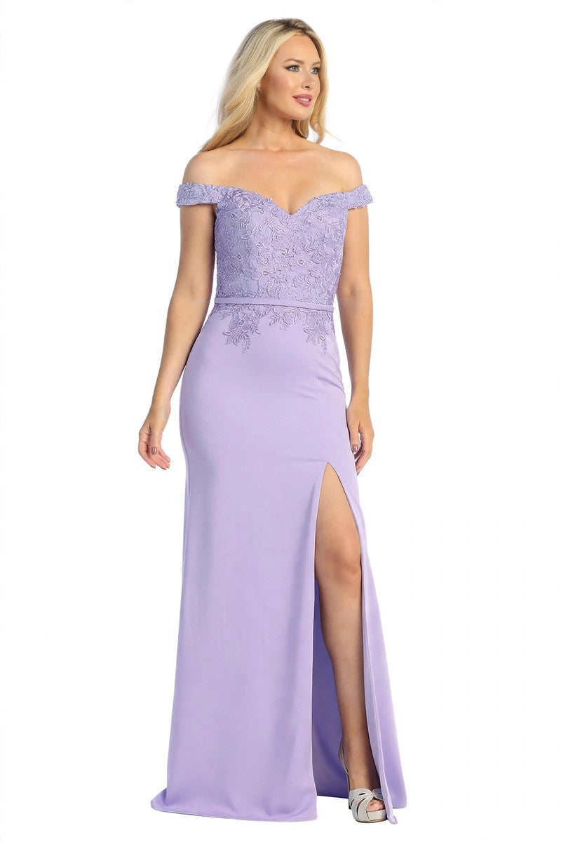 Lavender off shoulder fitted prom gown, front view