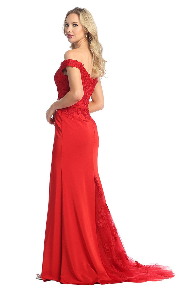 Red off shoulder fitted prom gown, back view