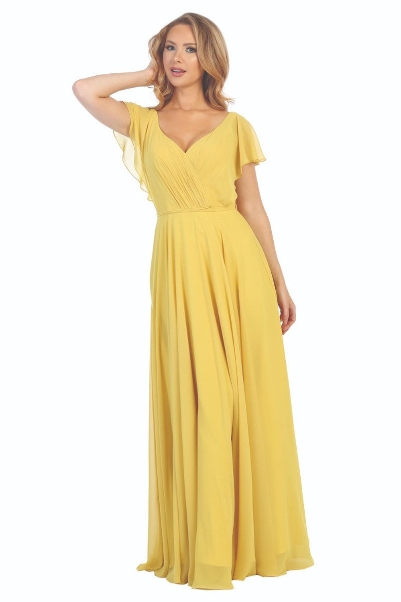 Mustard short sleeve a-line prom gown, front view