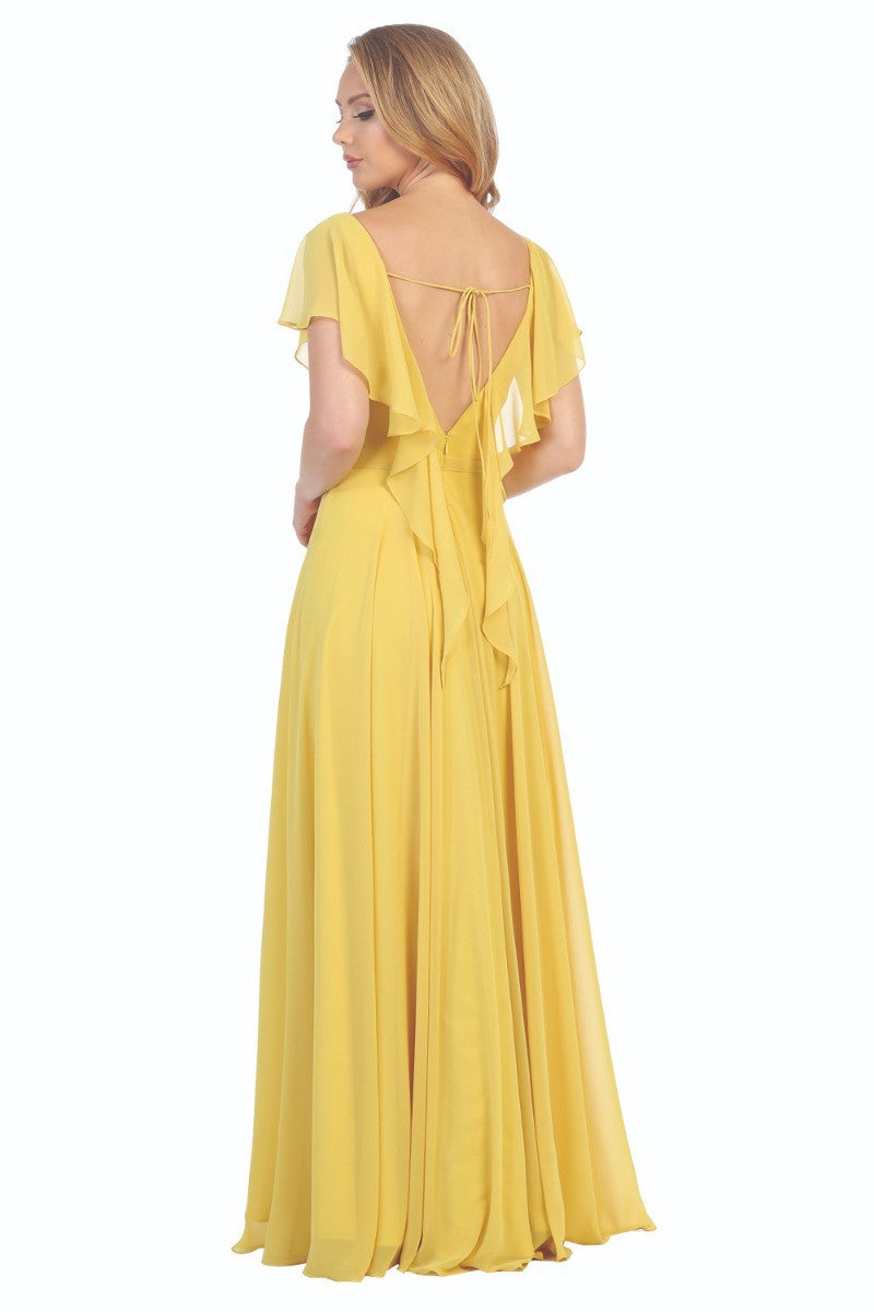Mustard short sleeve a-line prom gown, back view