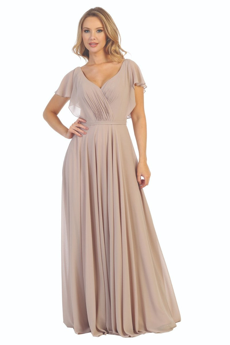 Taupe short sleeve a-line prom gown, front view