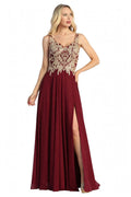 Burgundy sleeveless beaded bodice a-line prom gown, front view