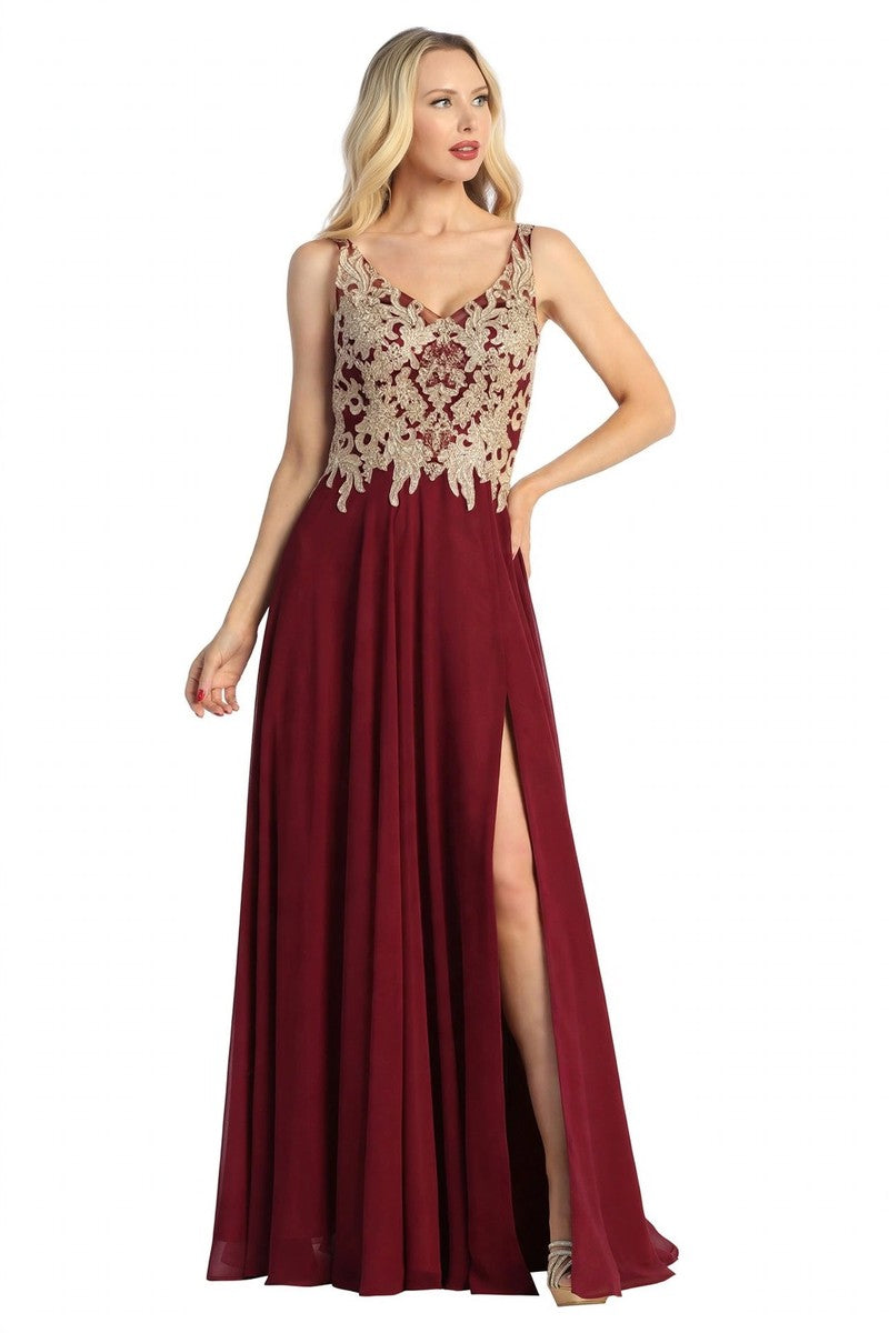 Burgundy sleeveless beaded bodice a-line prom gown, front view