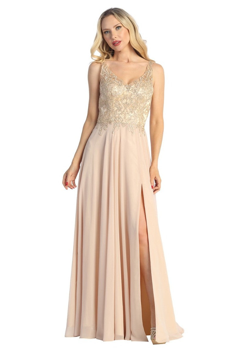 Champagne sleeveless beaded bodice a-line prom gown, front view